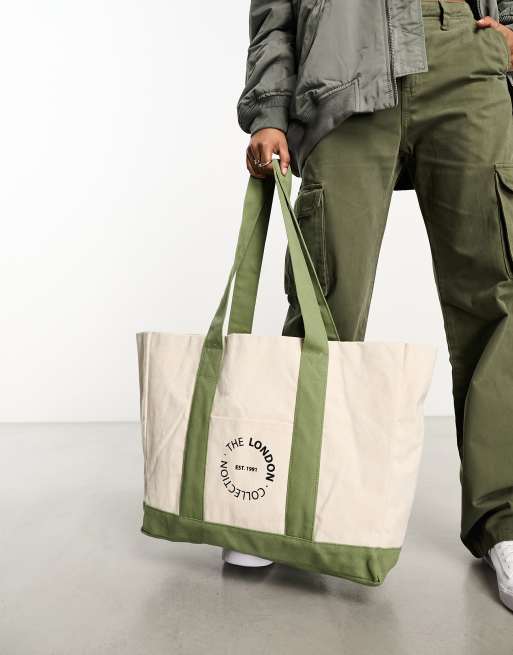 New Look - London - Oversized canvas tote in crème en saliegroen