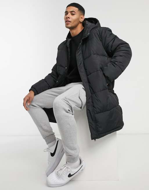 Mens long sale black puffer jacket