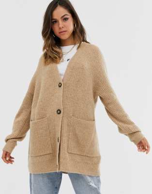 New Look long line button front cardigan in camel | ASOS