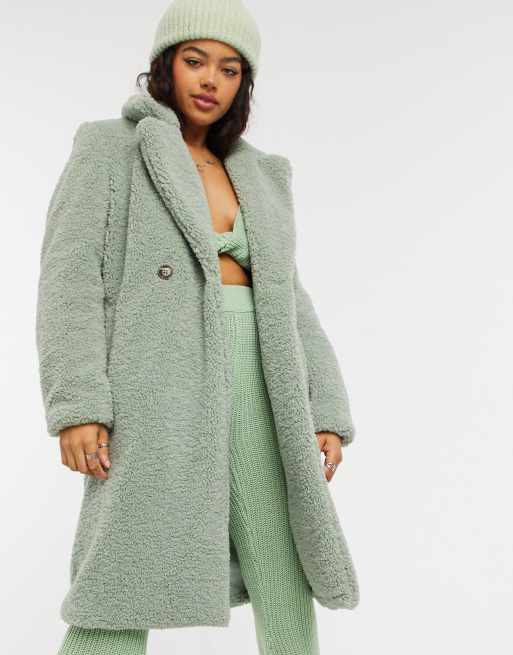 New Look long line teddy borg coat in light green