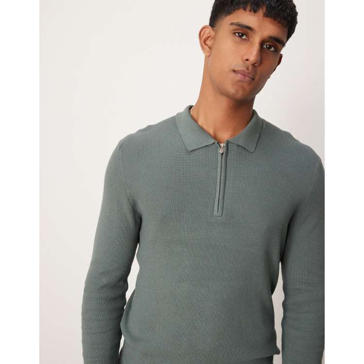 New Look long sleeve 1/4 zip polo in khaki | ASOS