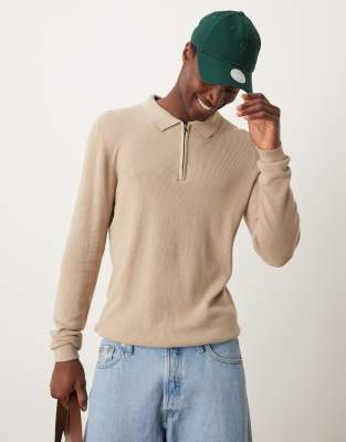 New Look long sleeve 1/4 zip polo in stone-Neutral