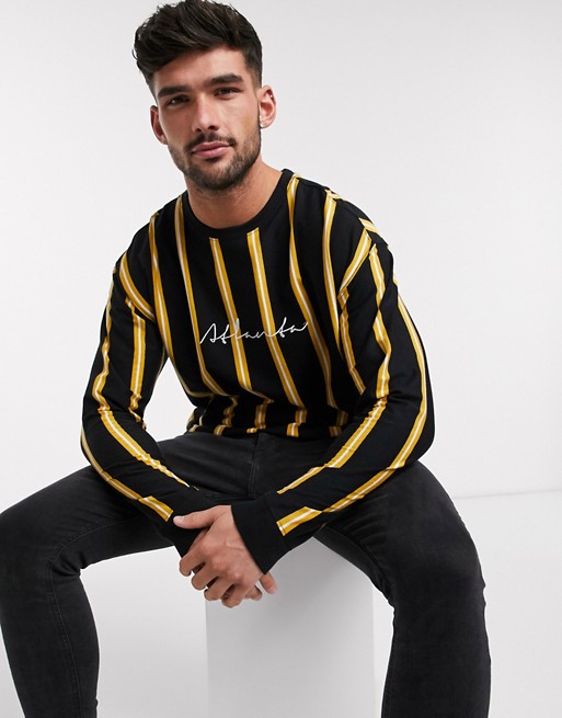 New Look long sleeve Atlanta embroidered stripe t-shirt in black