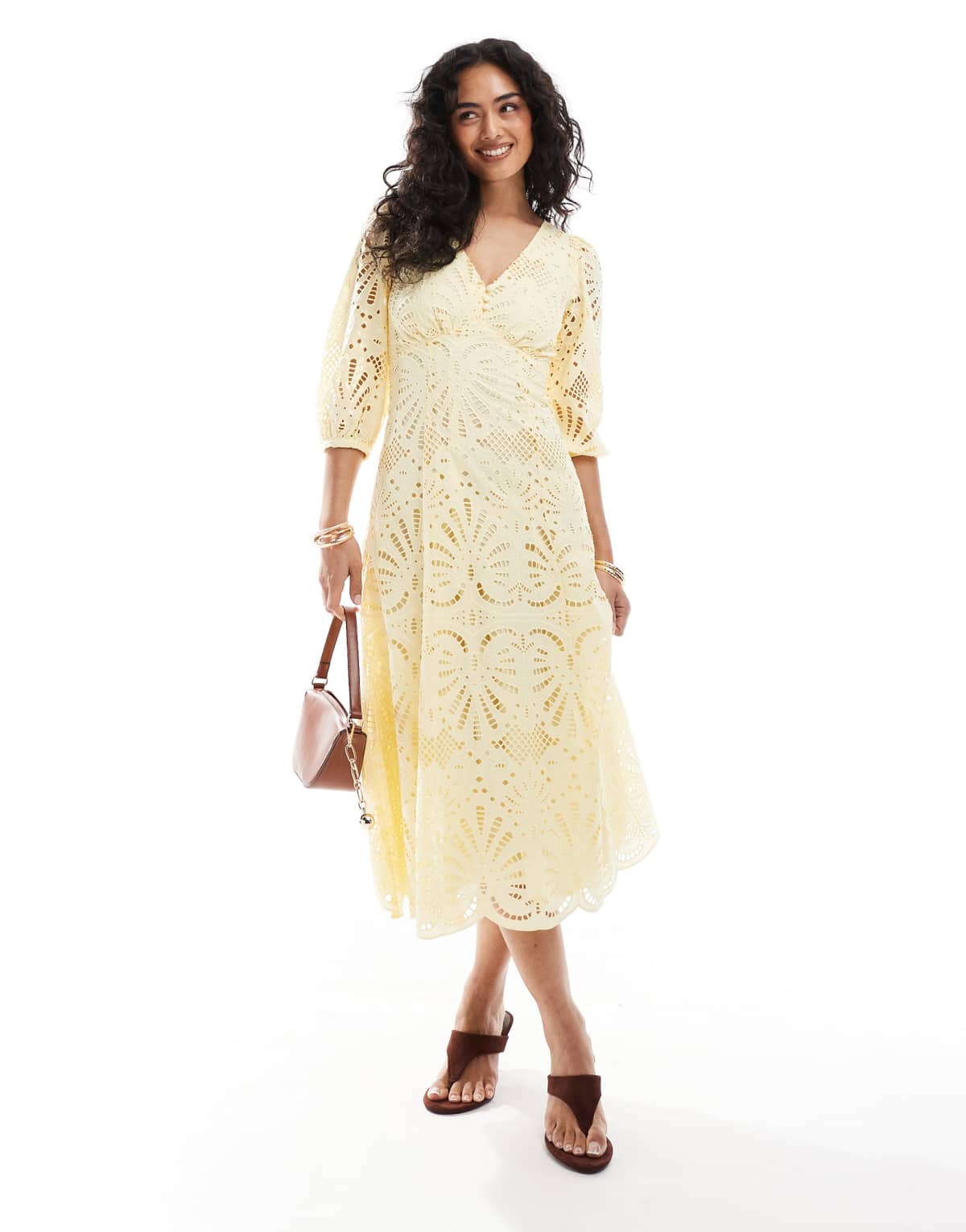 New Look long sleeve broderie button down midi dress in yellow