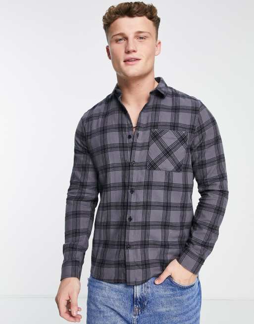 New Look long sleeve check shirt in grey | ASOS