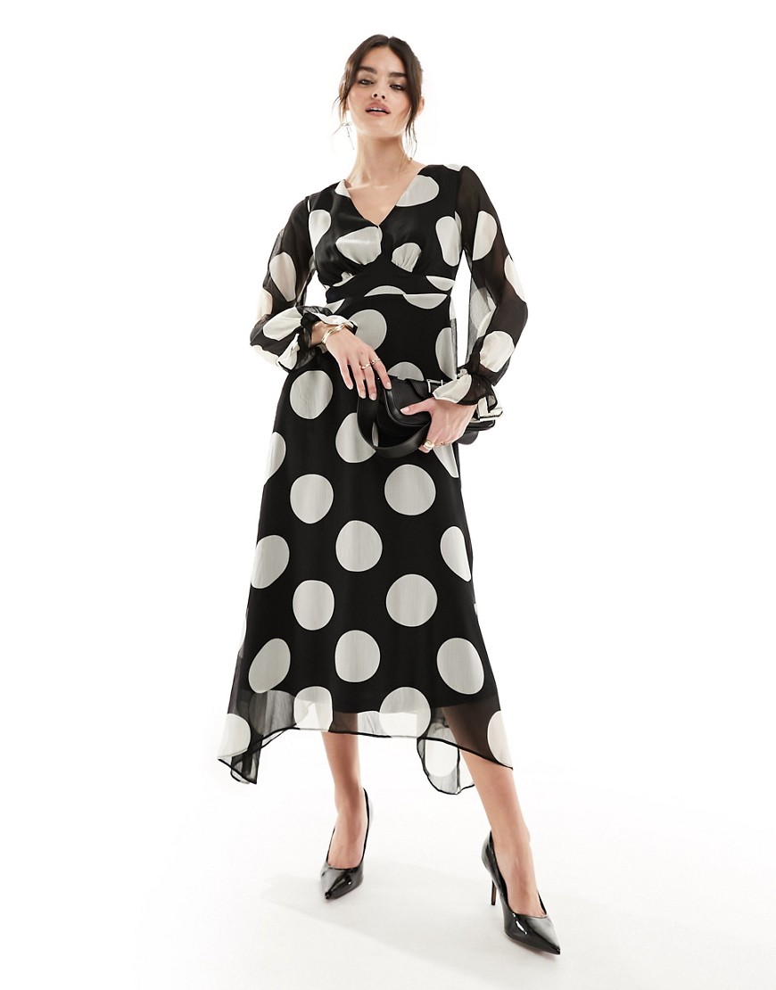 New Look long sleeve chiffon midi dress in polka dot-Black