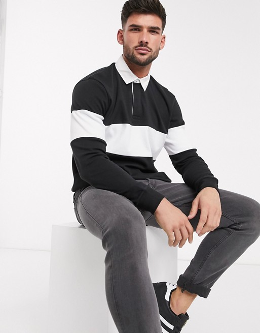 New Look long sleeve colour block rugby shirt in black