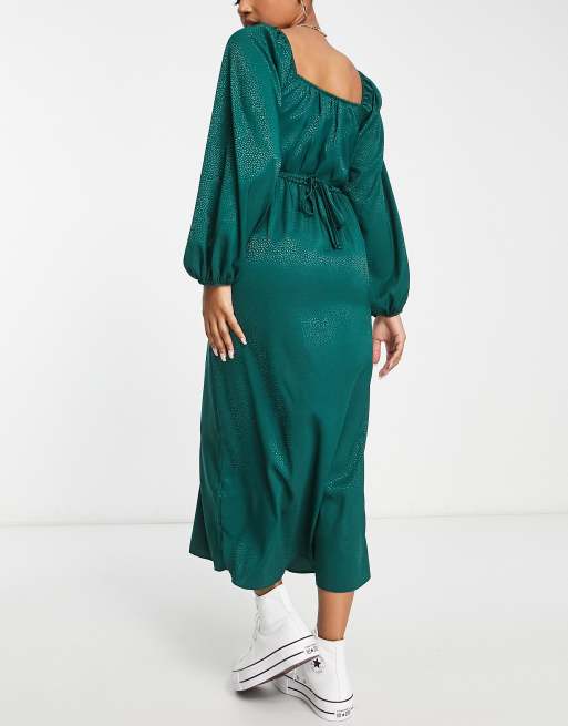 New Look long sleeve corset jacquard midi dress in dark green