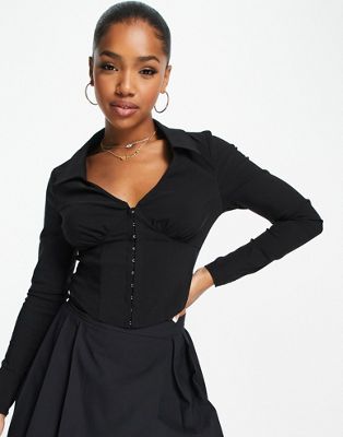 New Look long sleeve corset shirt in black | ASOS