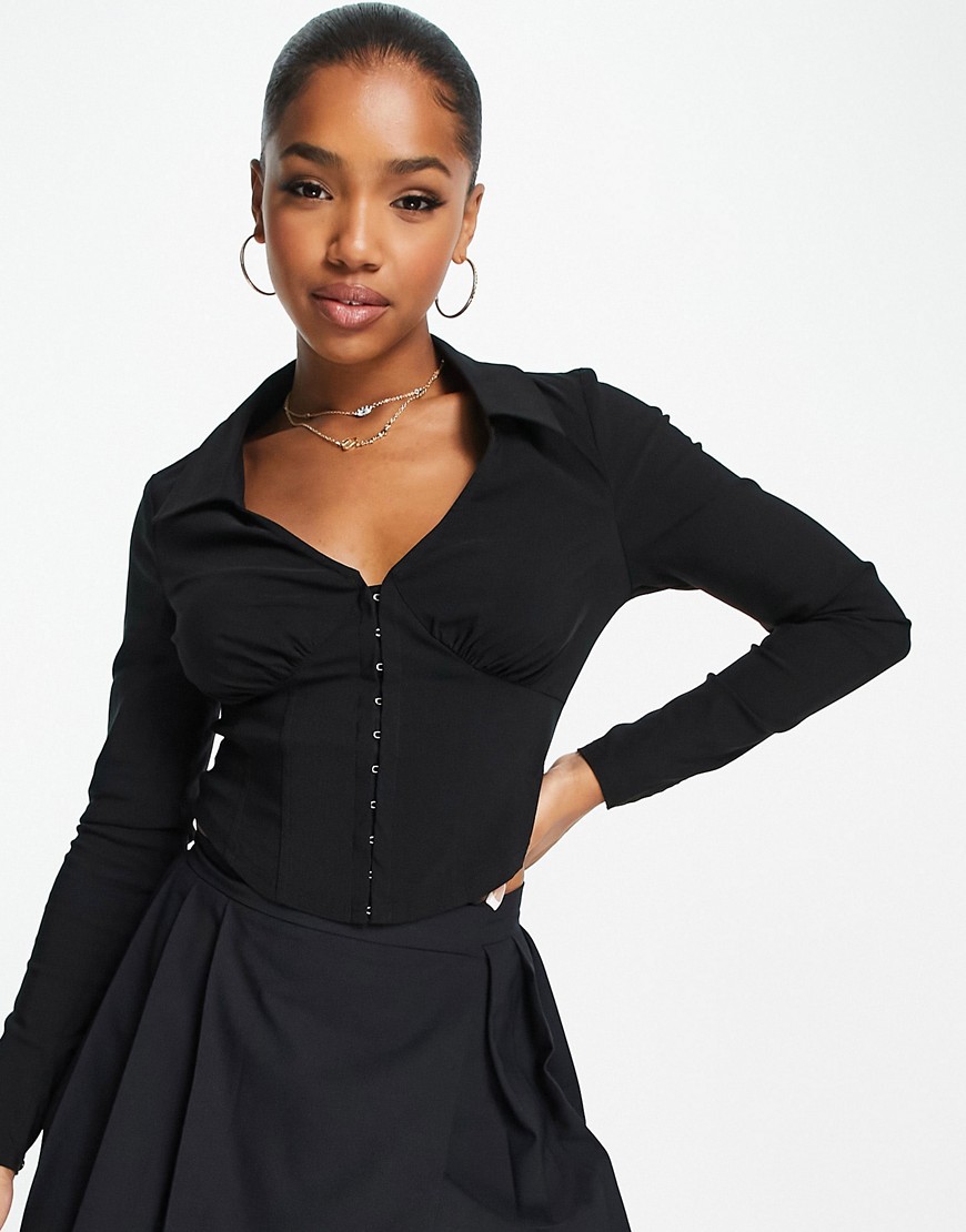 New Look long sleeve corset shirt in black