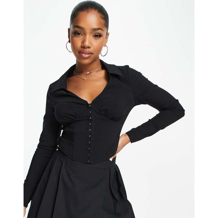 New Look long sleeve corset shirt in black