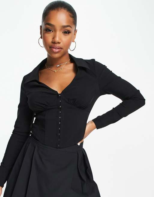 Black Long Sleeve Fitted Corset Top, WHISTLES