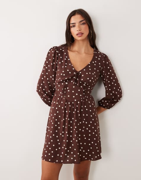New Look long sleeve corset waist detail mini tea dress in brown spot