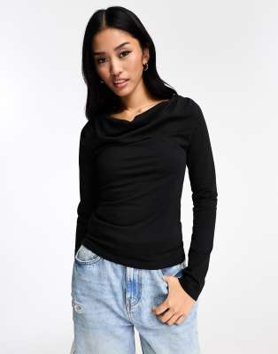 New Look long sleeve cowl neck top in black