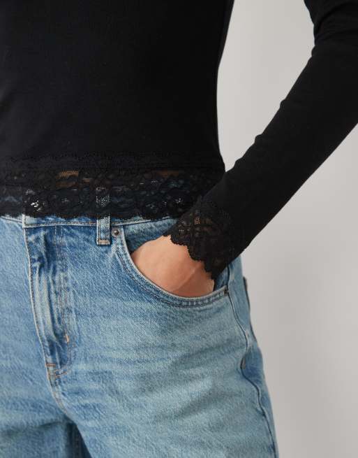 New Look long sleeve crew neck lace trim top in black, 4 of 4