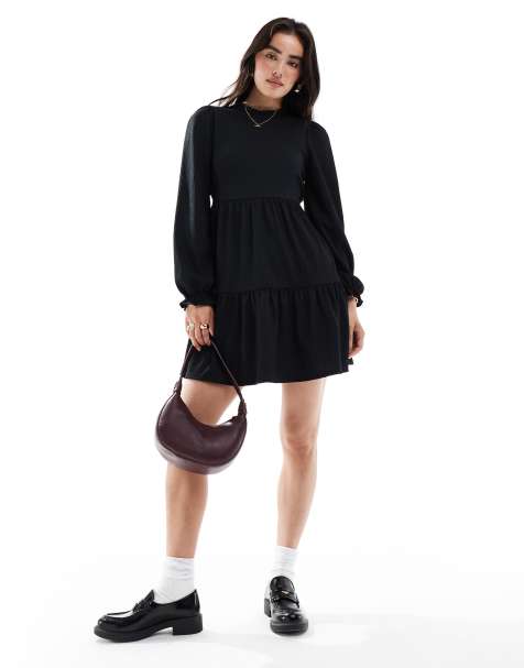 New Look long sleeve crinkle mini dress In black - view 1