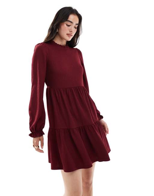 New Look long sleeve crinkle mini dress In burgundy, 2 of 4