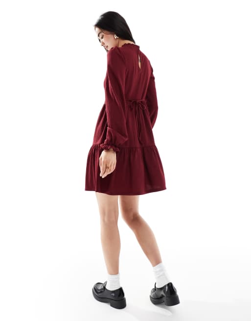 New Look long sleeve crinkle mini dress In burgundy, 3 of 4