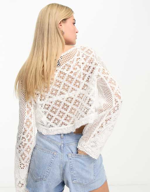 ASOS DESIGN shirred mesh long sleeve crop top in white