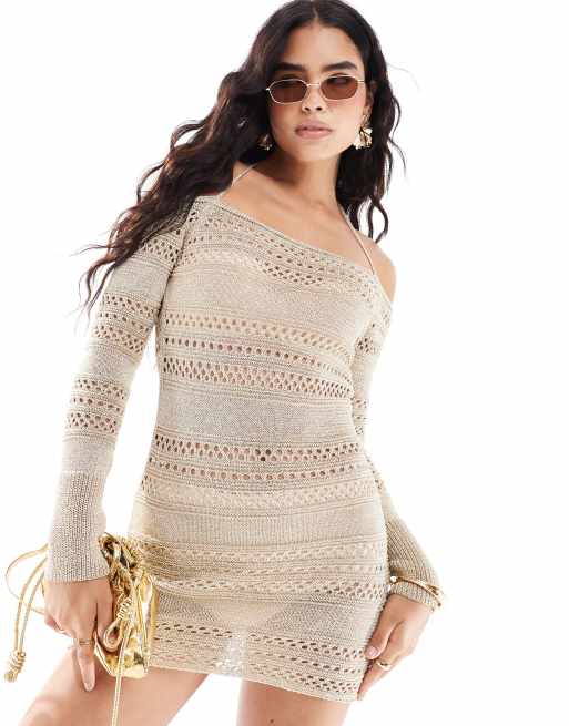 New Look long sleeve crochet mini dress in gold