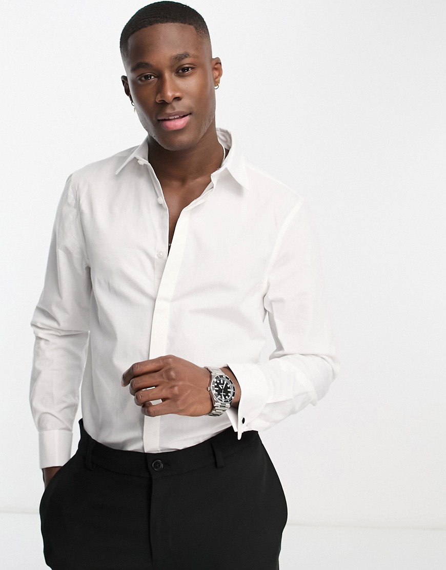 New Look long sleeve cufflink poplin shirt in white