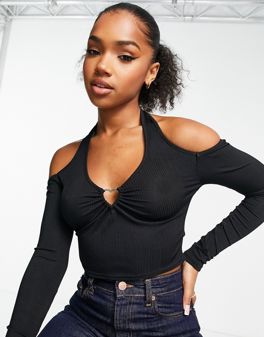New Look Long Sleeve Cut Out Halter Neck Top In Black