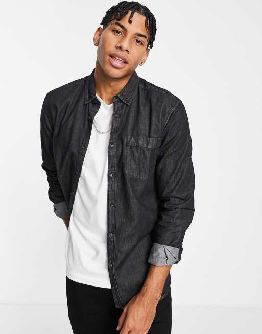 New Look long sleeve denim shirt in black | ASOS