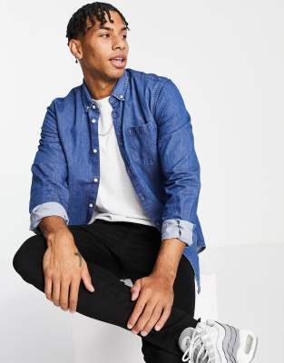 NEW LOOK LONG SLEEVE DENIM SHIRT IN MID BLUE-BLUES