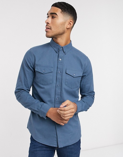 New Look long sleeve double pocket twill shirt in blue