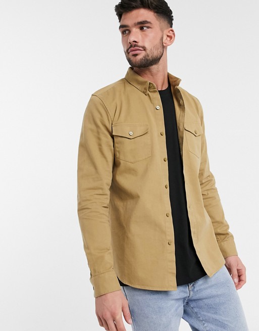 New Look long sleeve double pocket twill shirt in camel