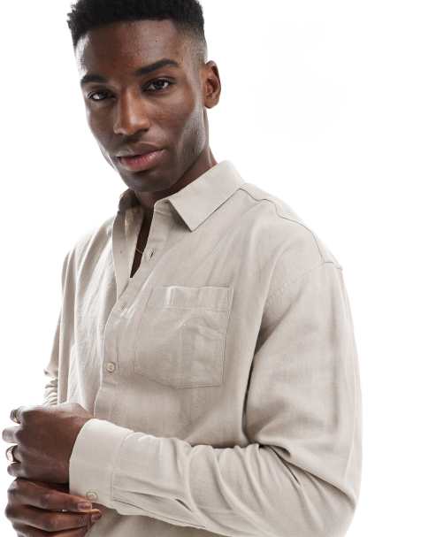 New Look long sleeve floaty linen-blend shirt co-ord in stone - view 1