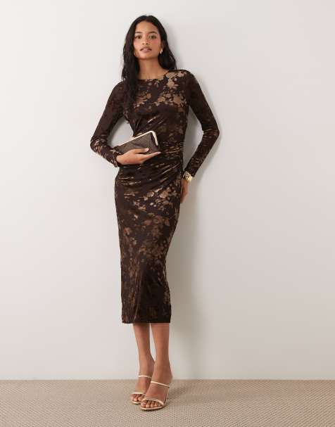 New Look long sleeve flocked midi dress in brown - view 1