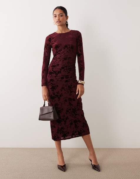 New Look long sleeve flocked midi dress in burgundy - view 1