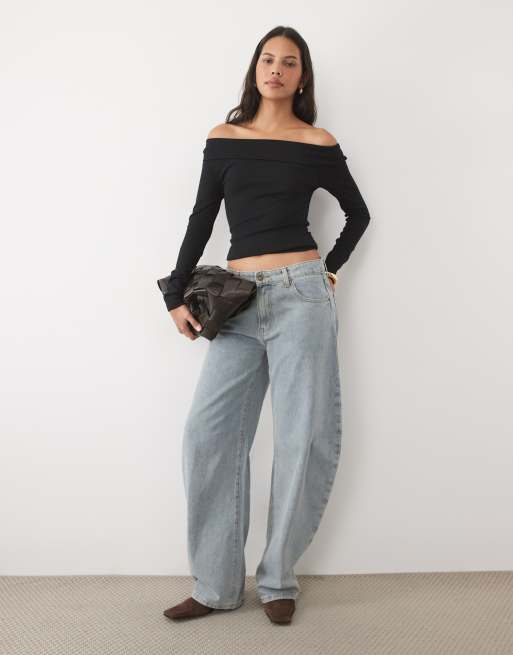 New Look long sleeve fold over bardot in black, 2 of 4