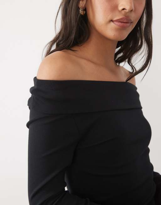 New Look long sleeve fold over bardot in black, 3 of 4