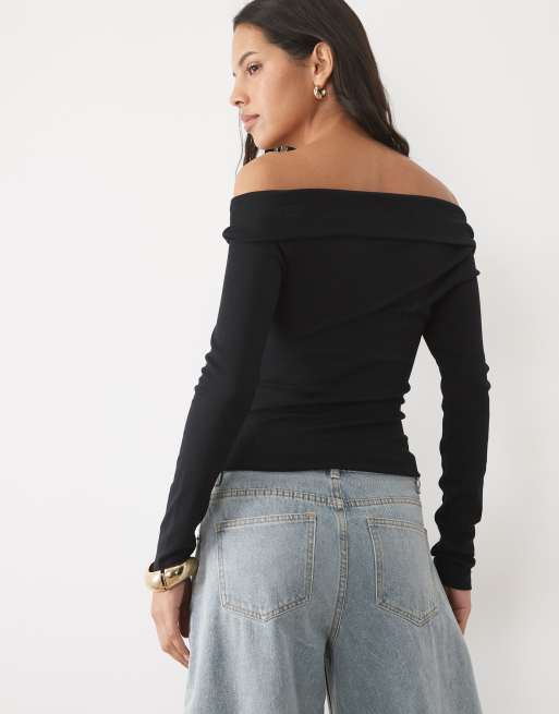 New Look long sleeve fold over bardot in black, 4 of 4