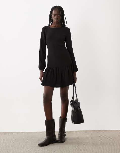 New Look long sleeve frill hem mini dress in black - view 1