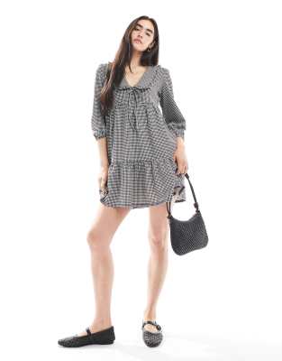 New Look long sleeve gingham mini dress in black