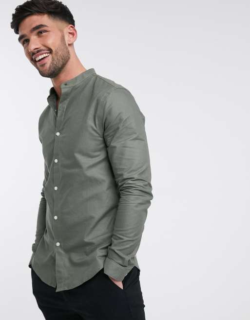 New Look long sleeve grandad oxford shirt in khaki | ASOS