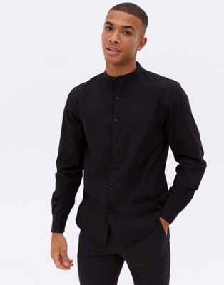 New Look long sleeve grandad poplin shirt in black | ASOS