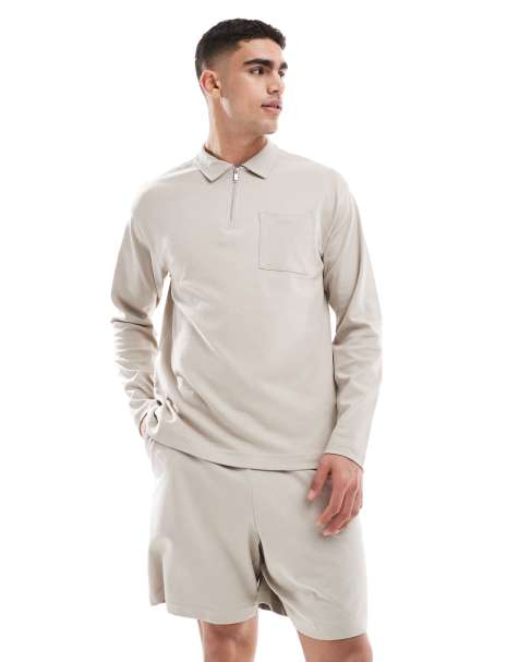 New Look long sleeve heavyweight polo shirt in stone (part of a set) - view 1