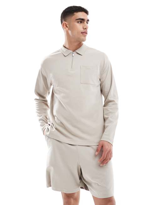 New Look long sleeve heavyweight polo shirt in stone (part of a set)