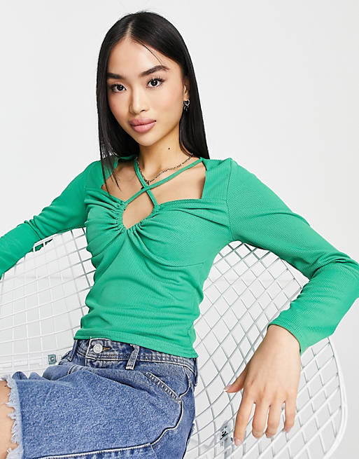 New Look long sleeve keyhole cut out top in green | ASOS