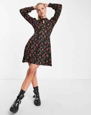 New Look Long Sleeve Keyhole Mini Dress In Black Floral | ModeSens