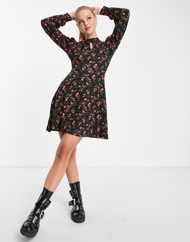 New Look long sleeve keyhole mini dress in black floral