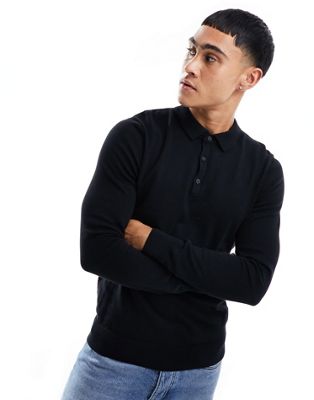 New Look long sleeve knitted polo in black