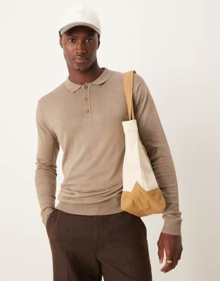 New Look long sleeve knitted polo in brown