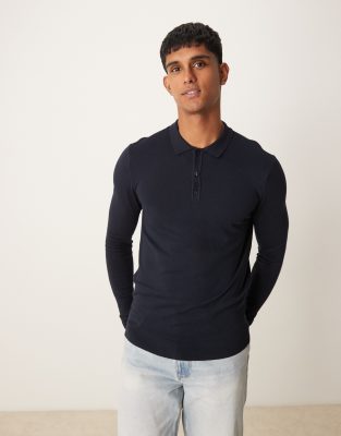 New Look long sleeve knitted polo in navy