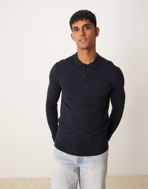 New Look long sleeve knitted polo in navy - view 1