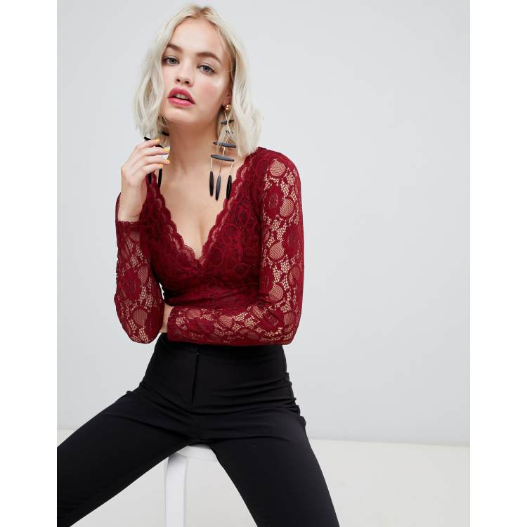 New Look long sleeve lace bodysuit in burgundy